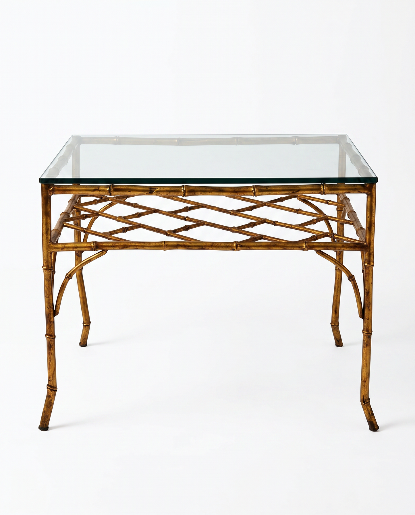 Vintage Hollywood Regency Side Table, Gold Gilt Faux Bamboo Metal/Glass Top 28W 22D 21.5H