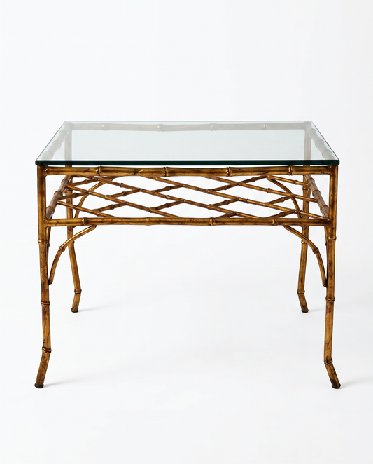 Vintage Hollywood Regency Side Table, Gold Gilt Faux Bamboo Metal/Glass Top 28W 22D 21.5H