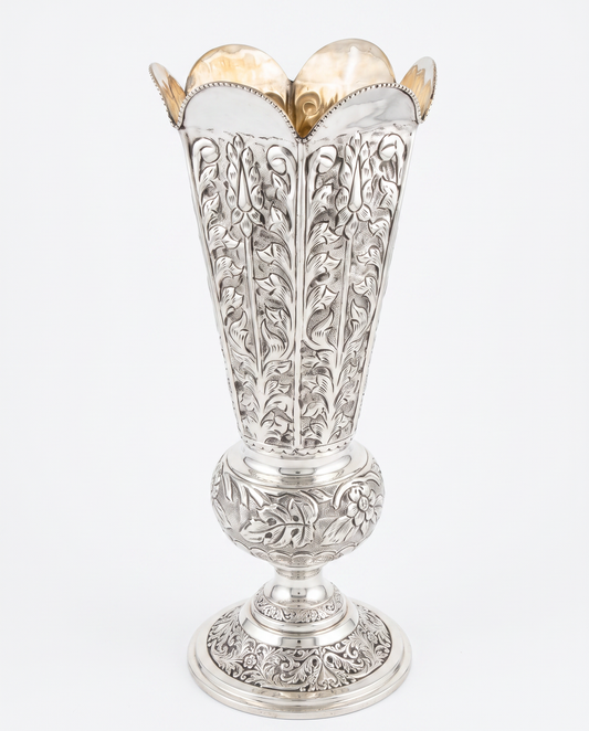 Vintage Indian Trumpet Vase, Silver-Plate, Hand Hammered Repousse Work, Scalloped Decorative Base 8Dia 20H