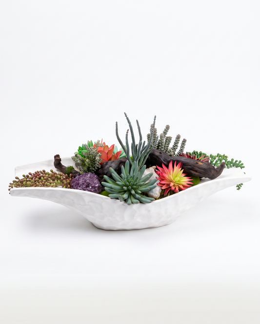 White Ceramic Bowl w/Succulents & Quartz Floral Arrangement w/Driftwood 27H