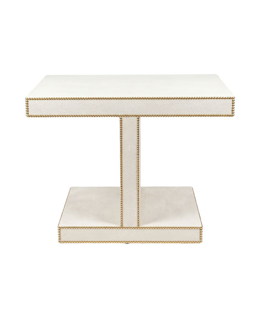 White Faux Shagreen End Tables, Silver Nailhead Detailing 44.5W 24.5D 32H