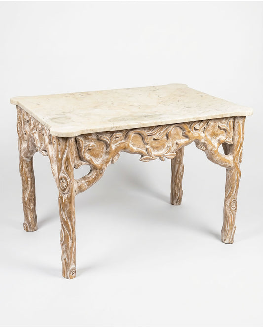 White Marble Top, Hand Craved Base Rectangle End Table 37W 25.25D 24.25H