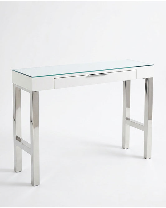 White & Chrome Console Desk w/Drawer 47.25 x 13.75 x 33.5
