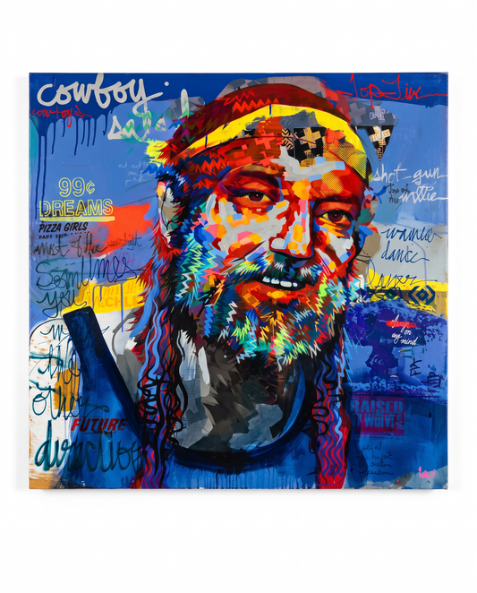 "Willie Nelson" Original Acrylic on Board, Song Titles, "Cowboy" "99 Cent Dreams" "Always on My Mind" 47.75W 47.5H