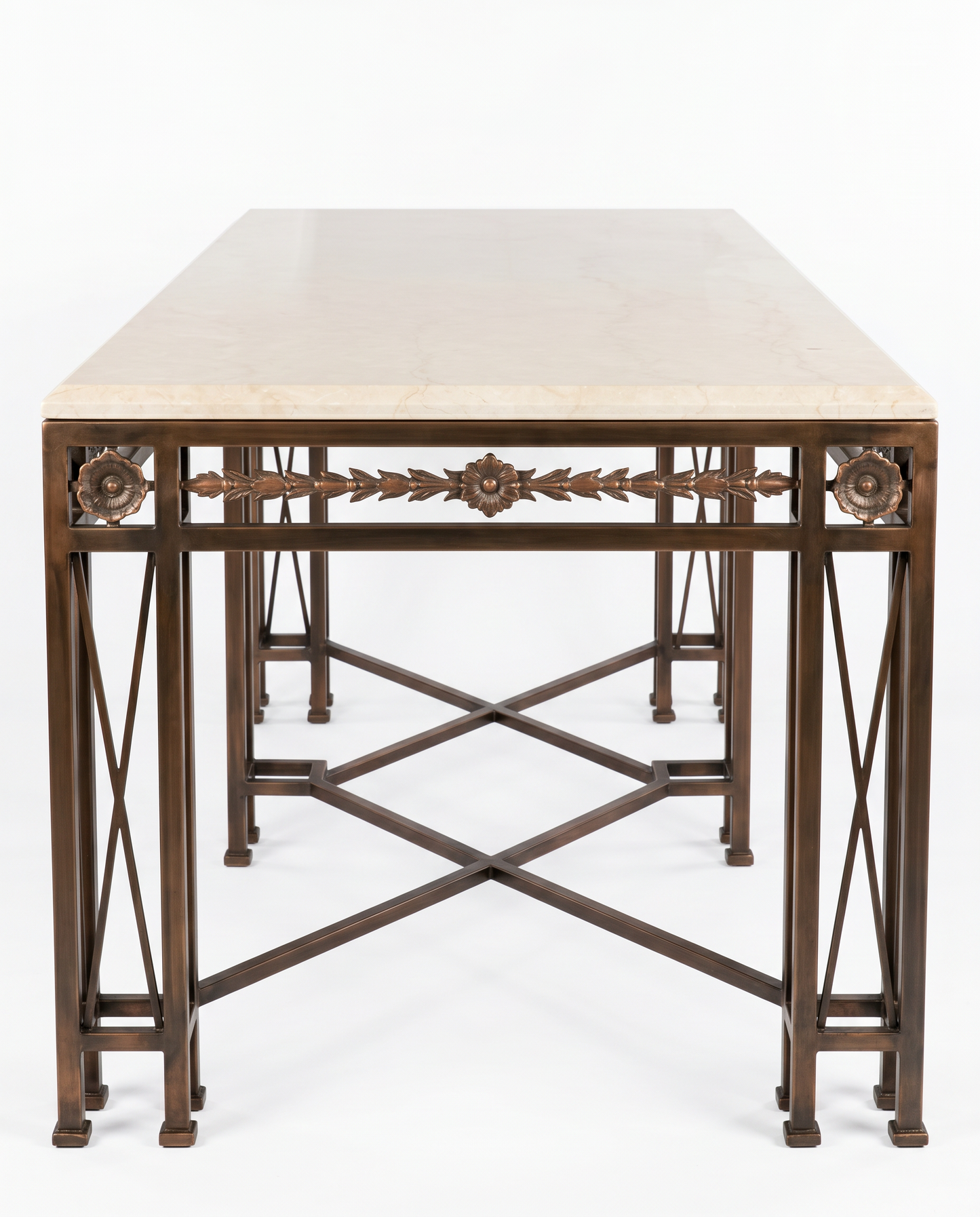 1980's Large Vintage Ornate Bronze & Metal Console, Antique Handmade Details, w/Marble 96W 26D 37.75H