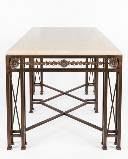 1980's Large Vintage Ornate Bronze & Metal Console, Antique Handmade Details, w/Marble 96W 26D 37.75H