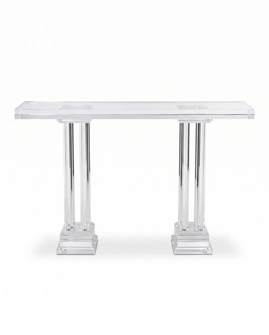 Vtg. Modern Lucite Console, Acrylic Column Legs 60W 14D 35.5H