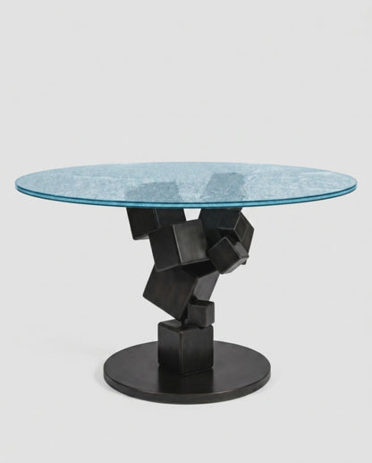 Italian Sculptural Black Iron Base Dining Table w/Crackled Layered Glass 54Dia 30H
