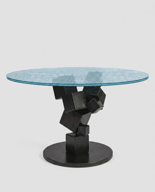Italian Sculptural Black Iron Base Dining Table w/Crackled Layered Glass 54Dia 30H